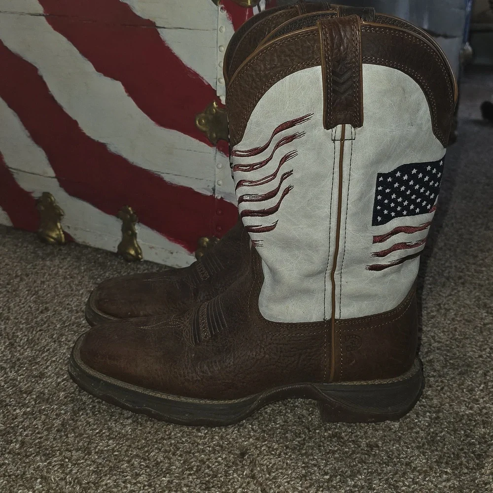 Womens 11" Flag Embroidery Bay Brown Boots Distressed Flag - Picture 3 of 11